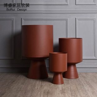 新中式 饰摆件 红色落地大号花器金属花盆高级感客厅电视柜旁花瓶装