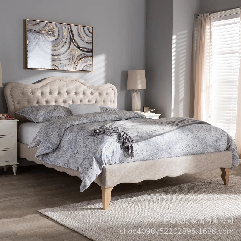 美式乡村布艺软包床现代简约1.5m1.8m主卧大小户型双人拉扣靠背床