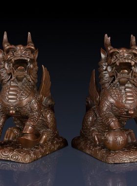 纯黄铜麒麟摆件一对麒麟中式家居饰品客厅摆件办公室招财麒麟摆件