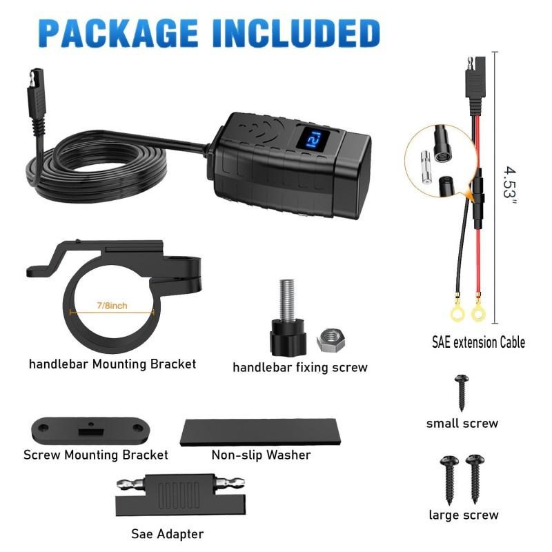 改装摩托车PD3.0+QC3.0手机充电器快充电压数显表支架带开关防水