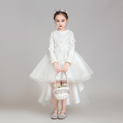 白色礼服女童加厚j加绒公主裙小花童主持人儿童钢琴演出服洋派冬
