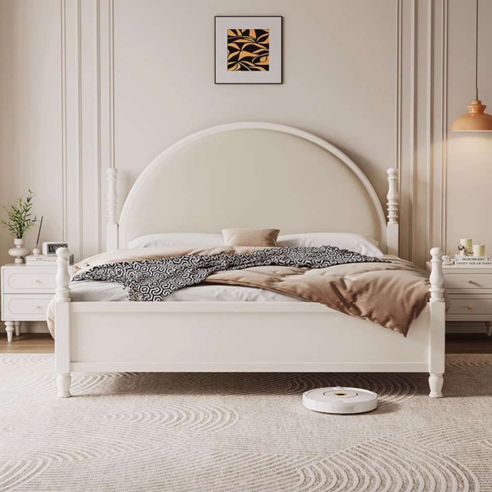 白色全实木床1米5实木床儿童1米8软包现代简约公主女生卧室奶油风