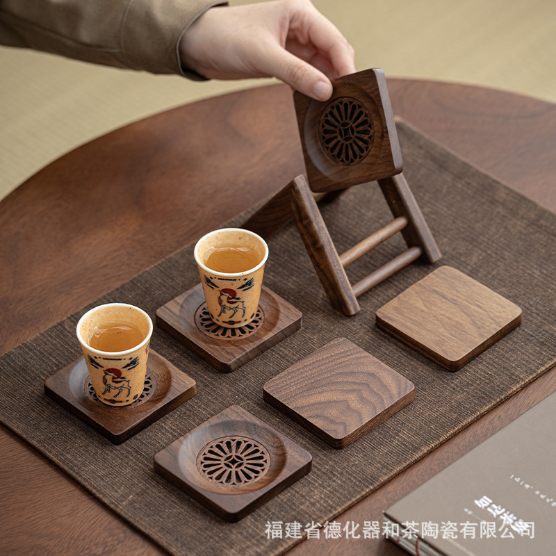 黑胡桃木杯垫方形圆手工沥水蓄水茶杯垫隔热茶具杯托防烫杯垫套装