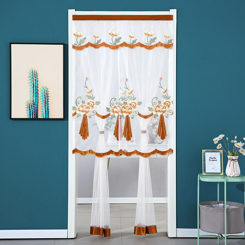 防蚊门帘家用免打孔夏天卧室半帘魔术贴伸缩杆蕾丝纱帘沙门隔断帘