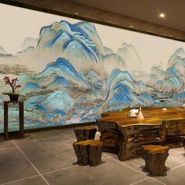 复古中式茶室墙纸国画千里江山书房客厅电视背景壁布酒店大堂餐厅