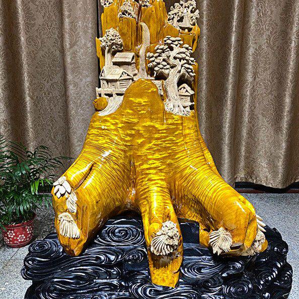 阴沉木高山流水乌木金丝楠木雕工艺品根雕动物观音佛水波纹摆件