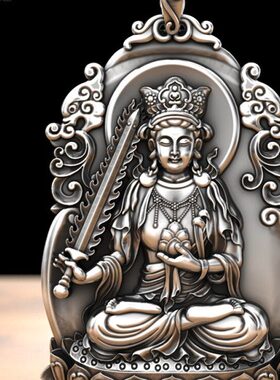 原创纯银虚空藏菩萨属牛虎吊坠本命佛实心生肖守护项链男女银饰