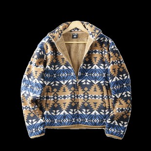 出口!复b古图腾印花加厚摇粒绒男士内里羊羔毛立领夹克外套潮