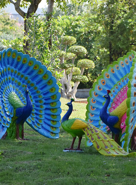 户外仿真动物摆件j孔雀玻璃钢雕塑花园景观布置庭院落地草坪装饰
