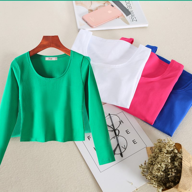 炅妍高腰t恤女长袖短款秋季2021年新款外穿女上衣白色短款打底衫