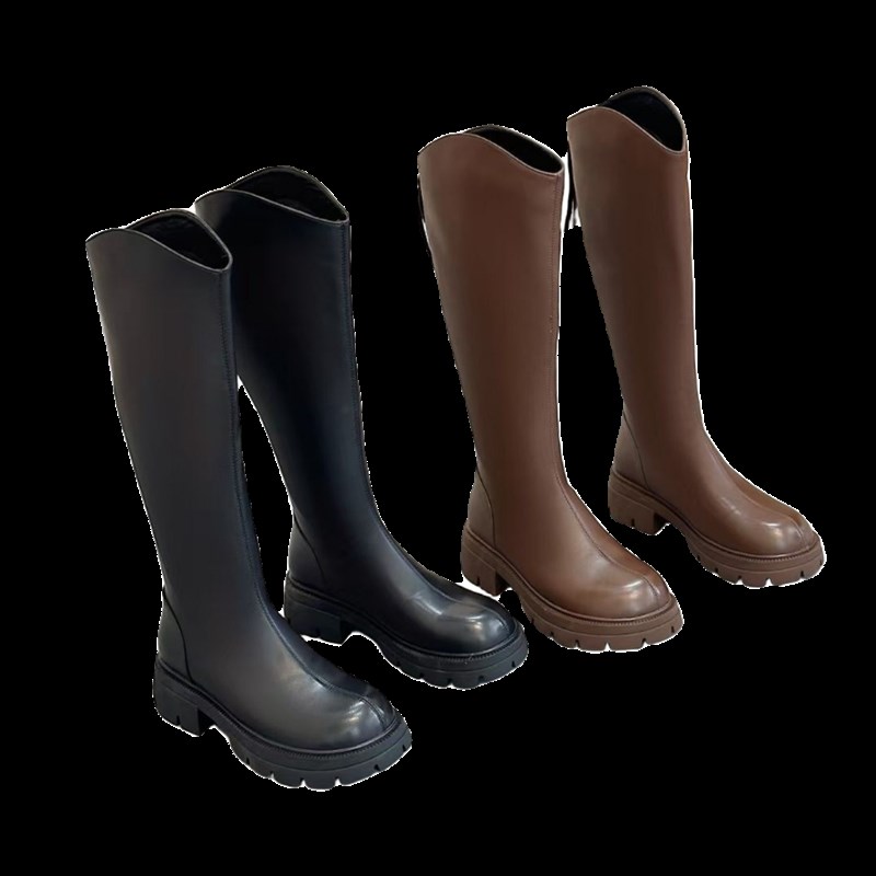 英伦风后拉链长筒靴女2023新款秋粗跟厚底不过膝长靴瘦瘦高筒靴子