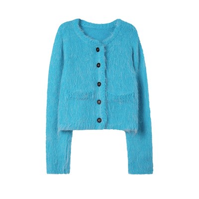 1313气质小香风亮眼显白蓝色软糯长毛感2025春女休闲针织开衫毛衣