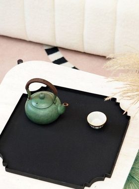 新中式黑色几何磨砂金属托盘禅意茶室茶盘桌面装饰收纳盘家居摆件