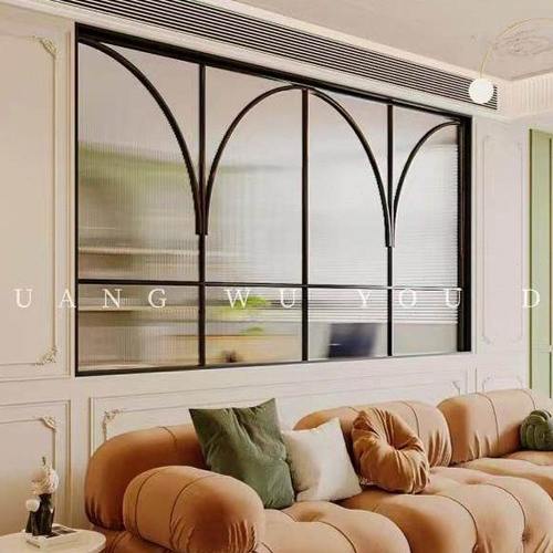 复古铁艺客厅窗户平开窗透光假窗装饰法式圆弧隔断半墙采光窗室内