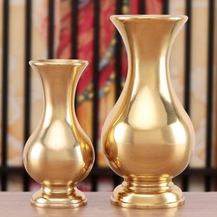 铜花瓶纯铜家用佛前供佛金色观音瓶佛系装饰禅意金属花屏一对