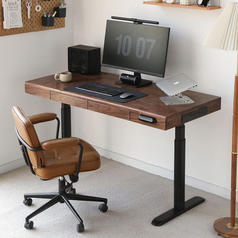 北美黑胡桃木电动升降桌实木自动升降书桌智能电脑桌办公桌带插座