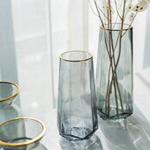 精品北欧灰玻璃花瓶水培干花束插花花器轻奢家居金边饰品装 饰摆件