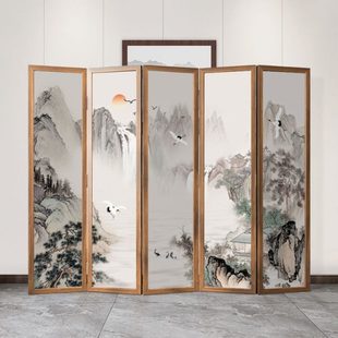 遮挡折叠移动客厅 实木屏风隔断家用山水画折屏酒店办公室现代中式