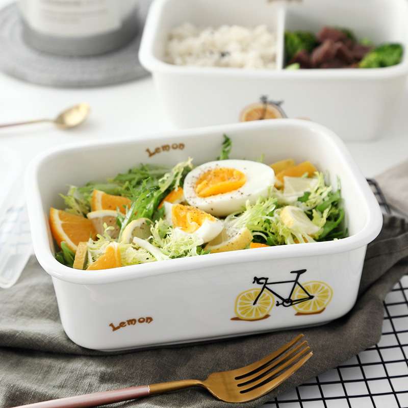 ?单格陶瓷饭盒水果盒带盖保鲜盒微波炉加热长方形密封碗上班族