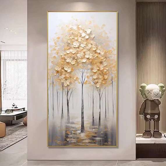 纯手绘油画大芬村招财树玄关装饰画竖版走廊尽头壁画高档肌理挂画图片