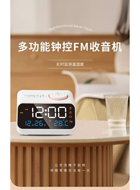 镜面LED充电钟控收音机时钟温湿度计2组闹钟贪睡音乐铃声调音调光