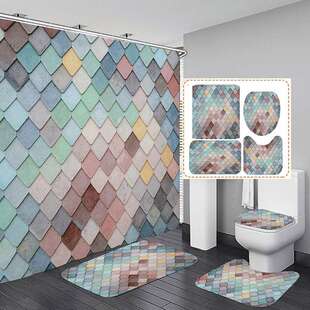 Marble pattern shower curtain and floor mat combination