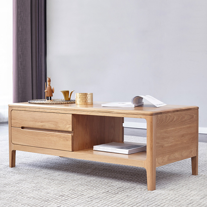 舜伊家具北欧橡木茶几实木简约小户型小茶台带抽屉储物客厅茶桌