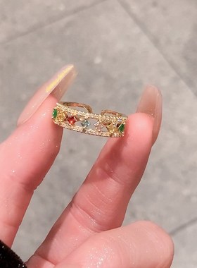 复古彩虹宝石戒指女小众高t级素圈锆石开口戒指饰品钻戒尾戒托