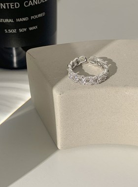 双排满钻甜酷戒指女时尚优雅叠x戴个性S925银开口指环ins食指戒潮