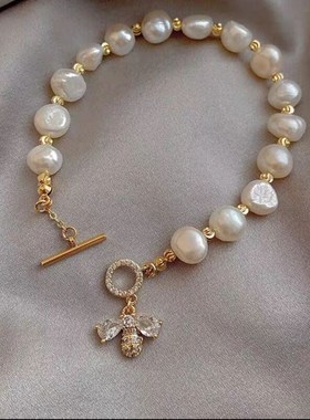 巴洛克淡水珍珠微镶锆石小蜜蜂手链D冷淡风手环ins时尚简约手串女