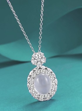 珠宝c新款S925银镶嵌天然水沫玉高冰8*10mm蛋面玉髓吊坠百搭