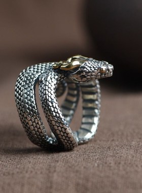 蛇戒指男潮复古霸气镀925w银开口指环小众设计蛇戒子生肖蛇男士款