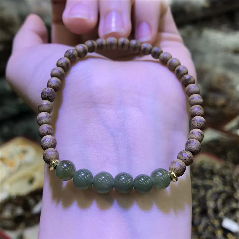 黄油一线沉香木搭j配天然碧玉新中式国风手串文艺简约素圈手链