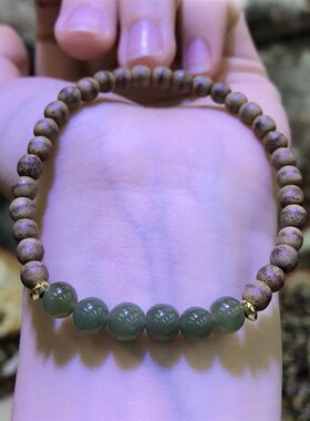 黄油一线沉香木搭j配天然碧玉新中式国风手串文艺简约素圈手链