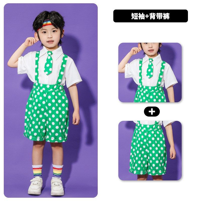 六一儿童演出服幼儿园绿色可带背带裤表演服男童T女童大合唱舞蹈