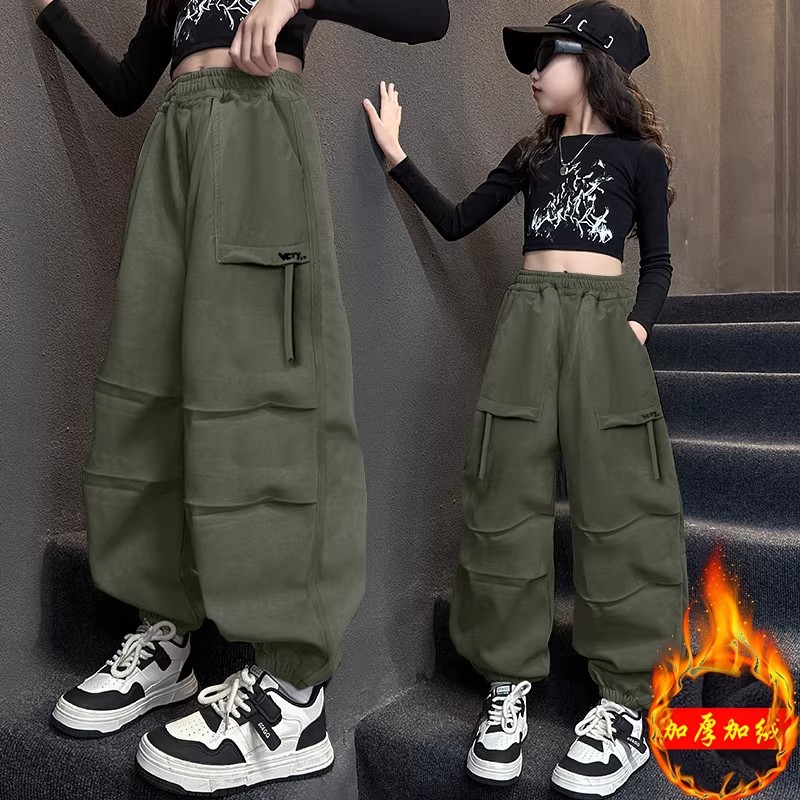 女童秋冬一体绒工装束脚裤