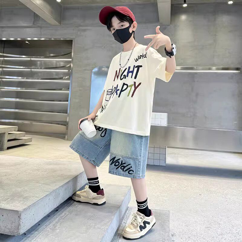 奥莱男童夏季牛仔套装2025新款中大童痞帅洋气时髦短袖短裤两件套