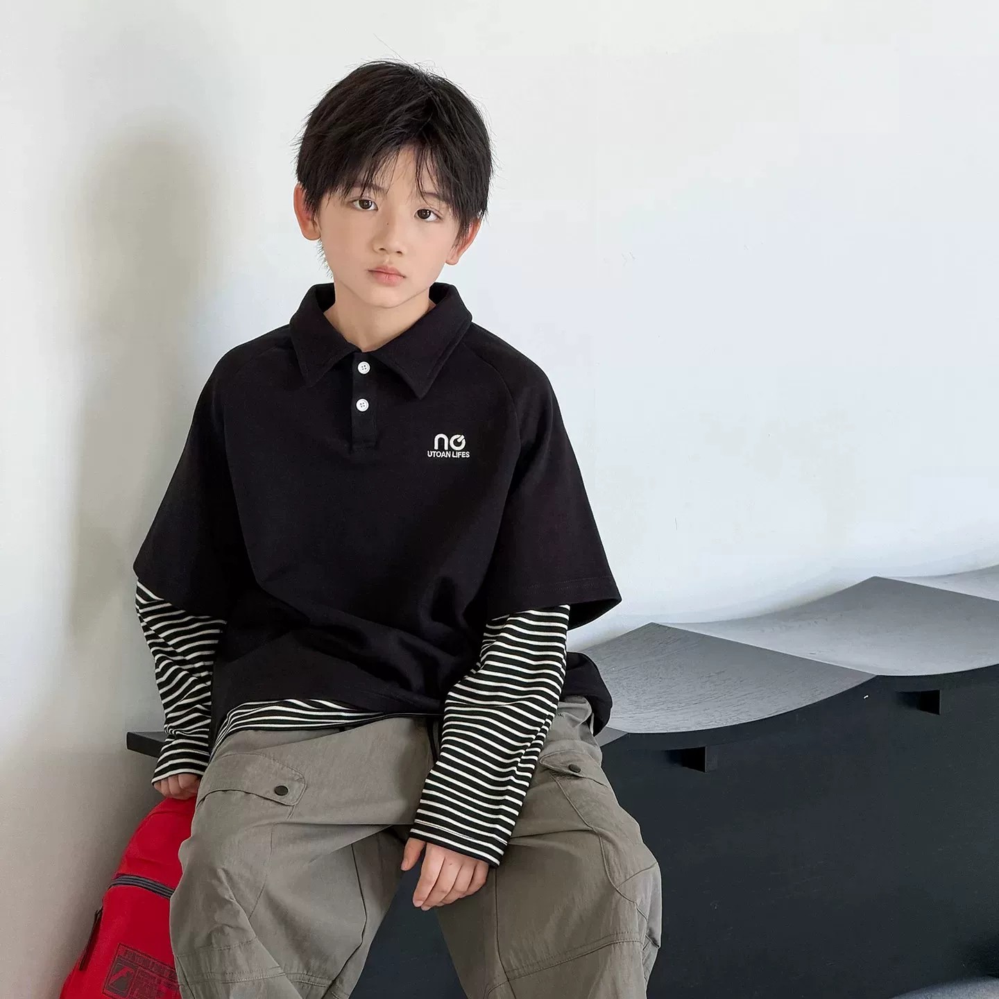 男童秋装假两件POLO领卫衣长袖