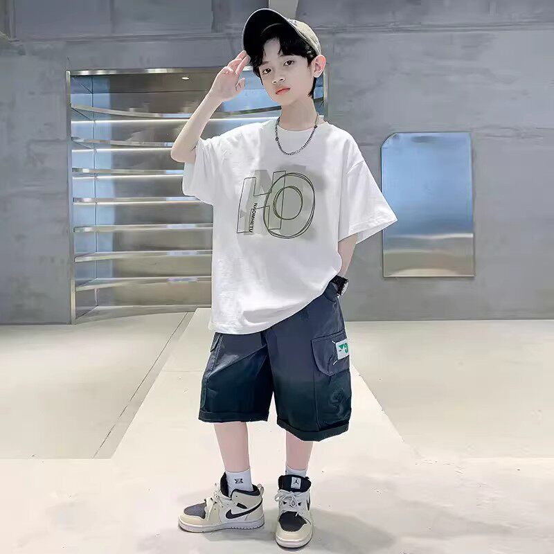 奥莱男童夏季短袖T恤套装2026时尚新款中大童纯棉帅气男孩两件套