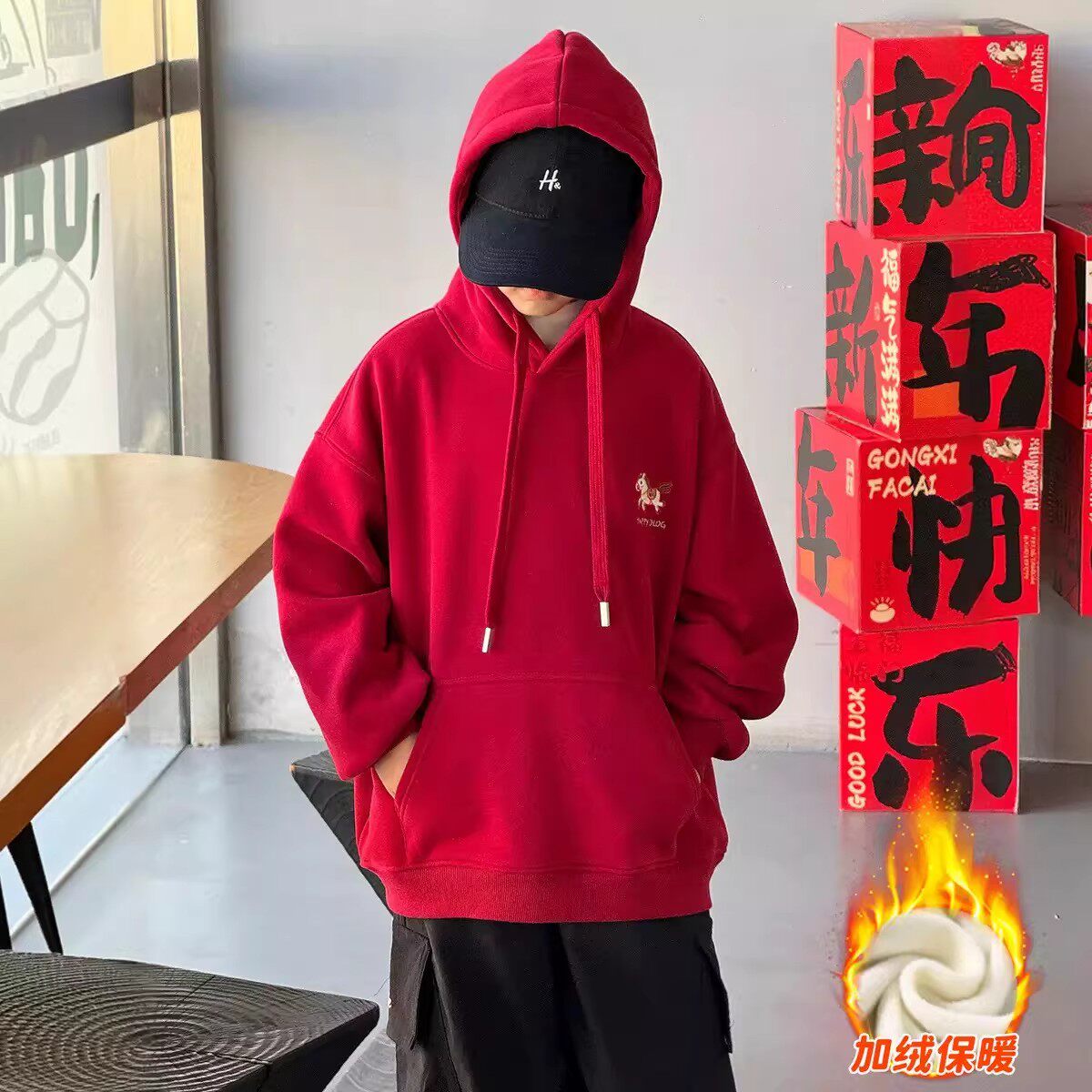 奥莱儿童新年红色加绒卫衣男童秋冬加绒加厚中大女童过年服上衣潮