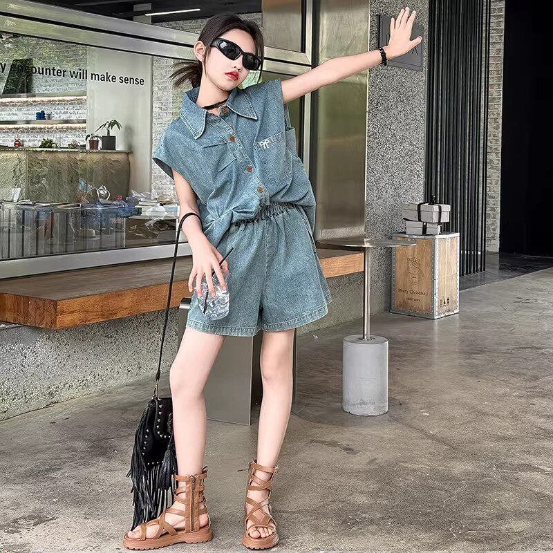 奥莱女童夏季套装2026新款儿童装时髦洋气牛仔衬衫短裤薄款两件套