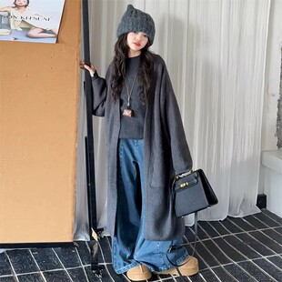 奥莱女童针织毛衣外套秋冬中大童慵懒风开衫时尚百搭牛仔裤两件套