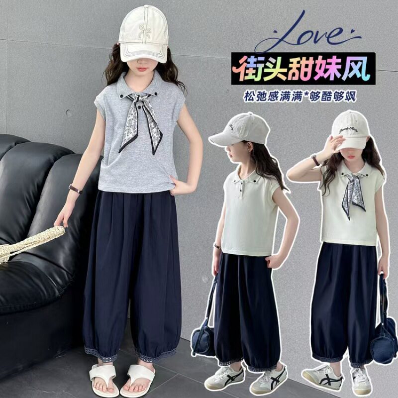 女童POLO领短袖绣花短裤两件套潮