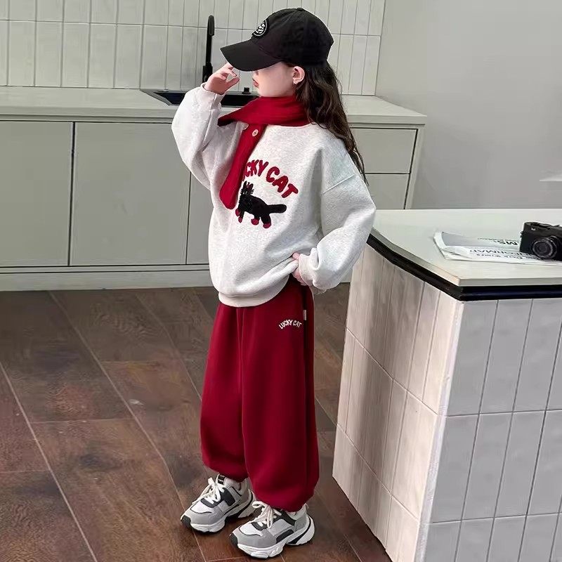 奥莱女童套装时尚秋冬新款洋气中大童加绒加厚保暖卫衣休闲两件套