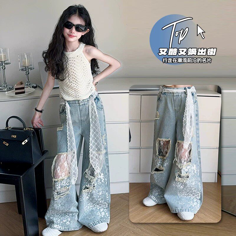 女童夏季新款镂空背心牛仔两件套
