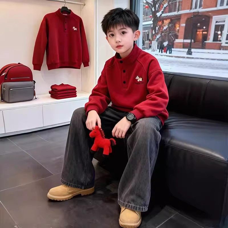 奥莱男童卫衣加绒加厚2026马年时尚新款冬装一体绒红色年服上衣潮