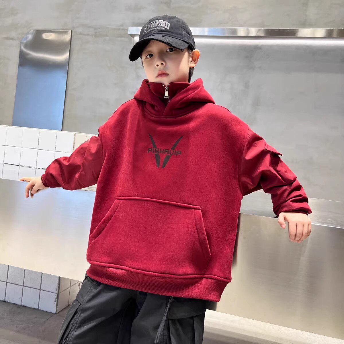 奥莱男童连帽卫衣秋冬装2026新款喜庆儿童红色年服青少年打底衫潮