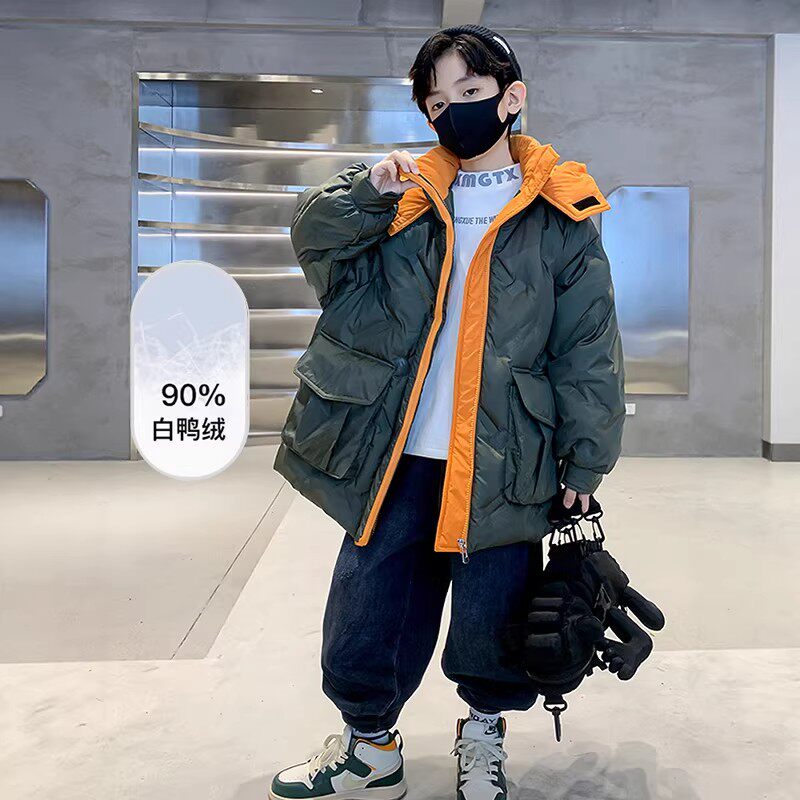 奥莱专柜男童羽绒服秋冬季2026新款儿童白鸭绒中大童免洗拼色外套