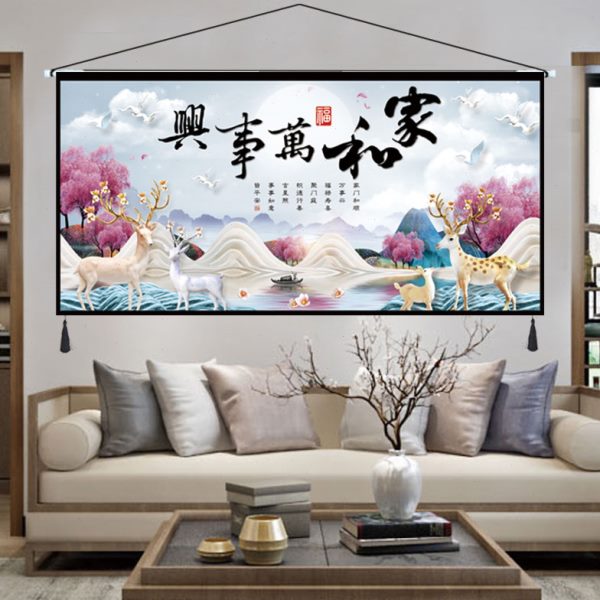 中式挂画布艺牡丹家和万事兴挂毯客厅卧室装饰画挂布横版墙画布画图片