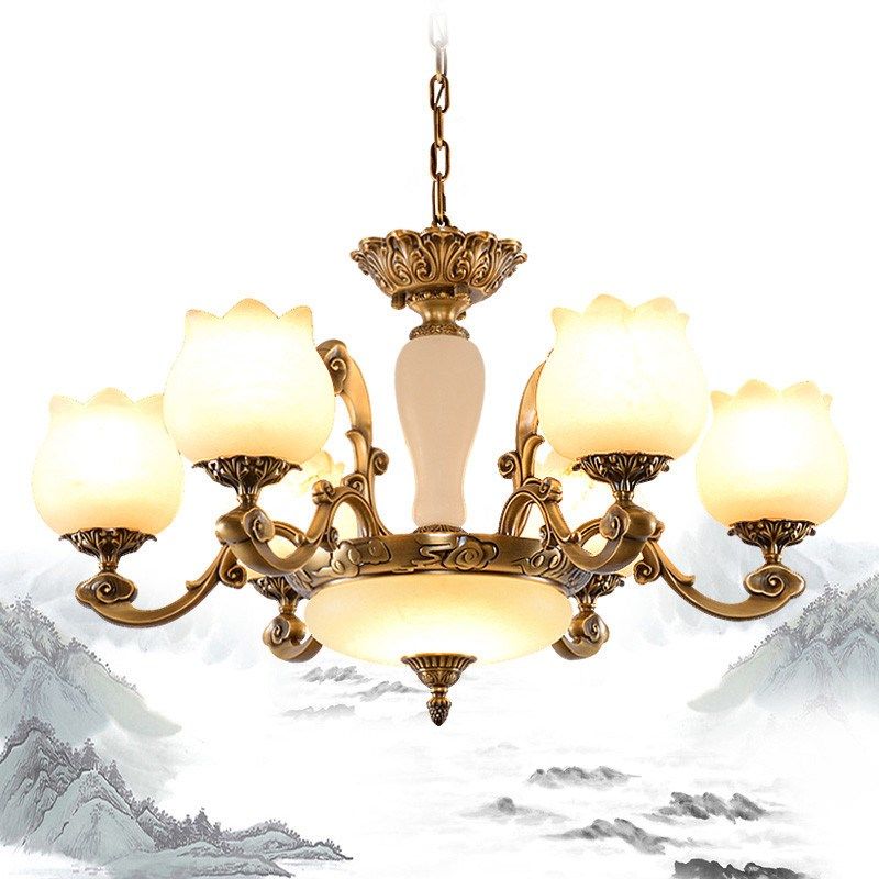 新中式全铜客厅吊灯简约大气复古餐厅灯具中国风现代云石卧室铜灯